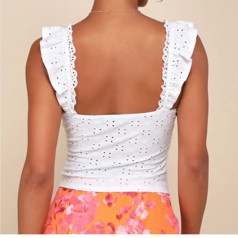 White Eyelet Ruffled Keyhole Smocked Top - Picture 2 of 4
